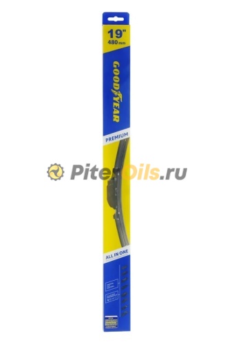 Бескаркасная щетка стеклоочистителя Goodyear PREMIUM 19"/48 cm всесезонная, 9 переходников GY000439